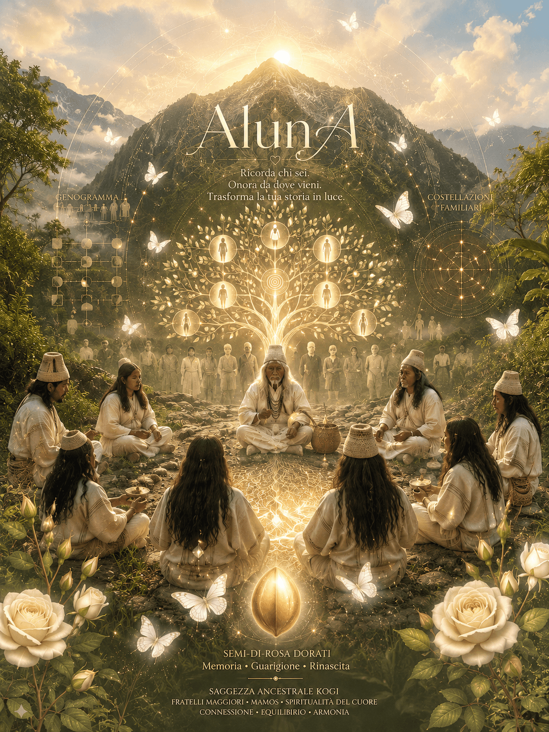 Poster verticale di AlunA con i Kogi e l'albero della vita dorato