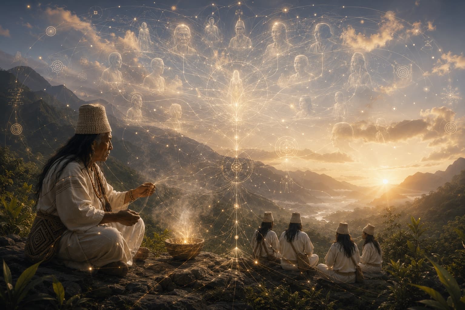 Illustrazione meditativa con profili montuosi e figure all'orizzonte al tramonto