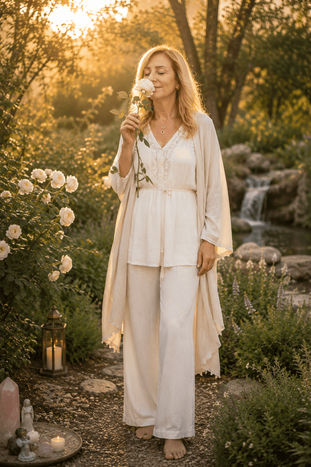 Paola con una rosa nel giardino al tramonto